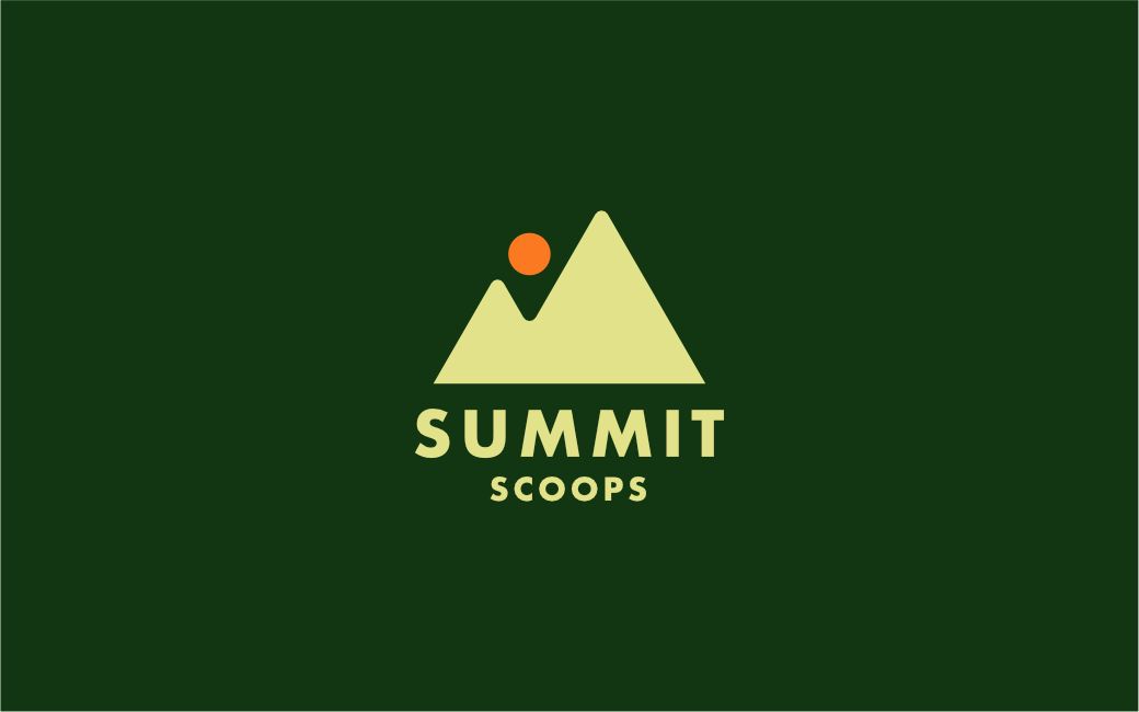 Name study: a green mountain with a sun behind it over the words SUMMIT SCOOPS.