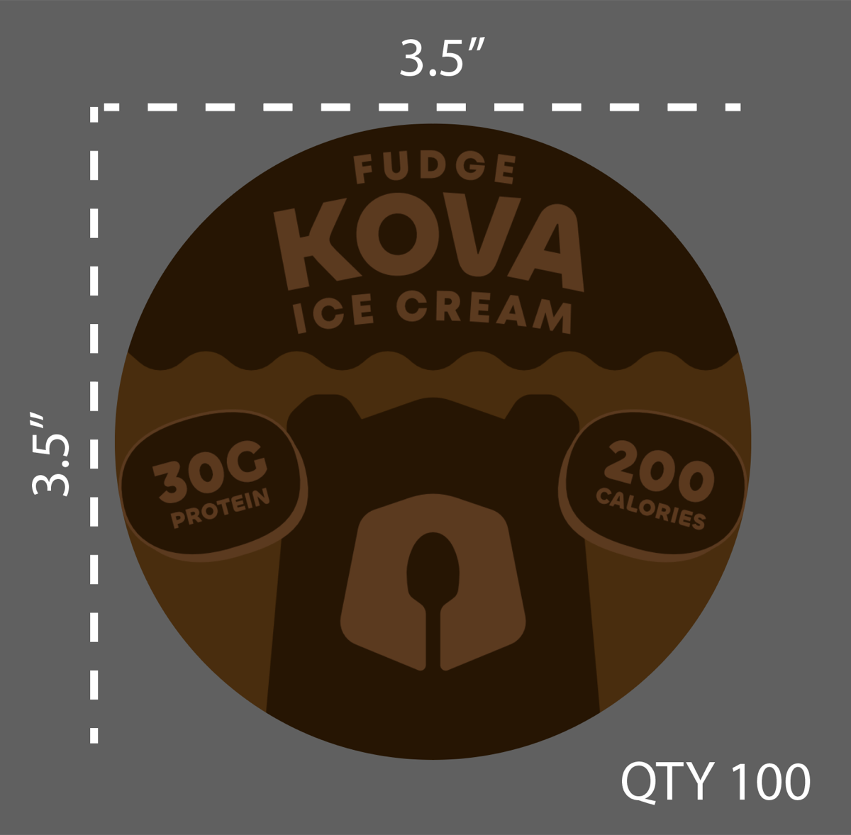 Printer's proof of the fudge lid sticker, marked 3.5 inches on both edges with QTY 100.