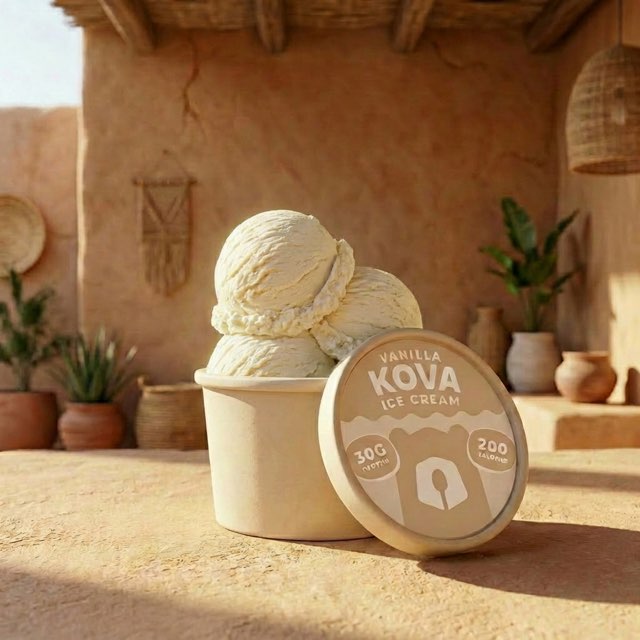 Generated for Kova. A vanilla Kova cup and two scoops staged in an adobe courtyard, with terracotta pots behind.