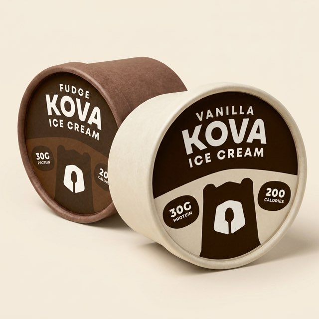 Generated for Kova. A packaging render of the two Kova tubs, fudge and vanilla, lying with their lids facing the camera.