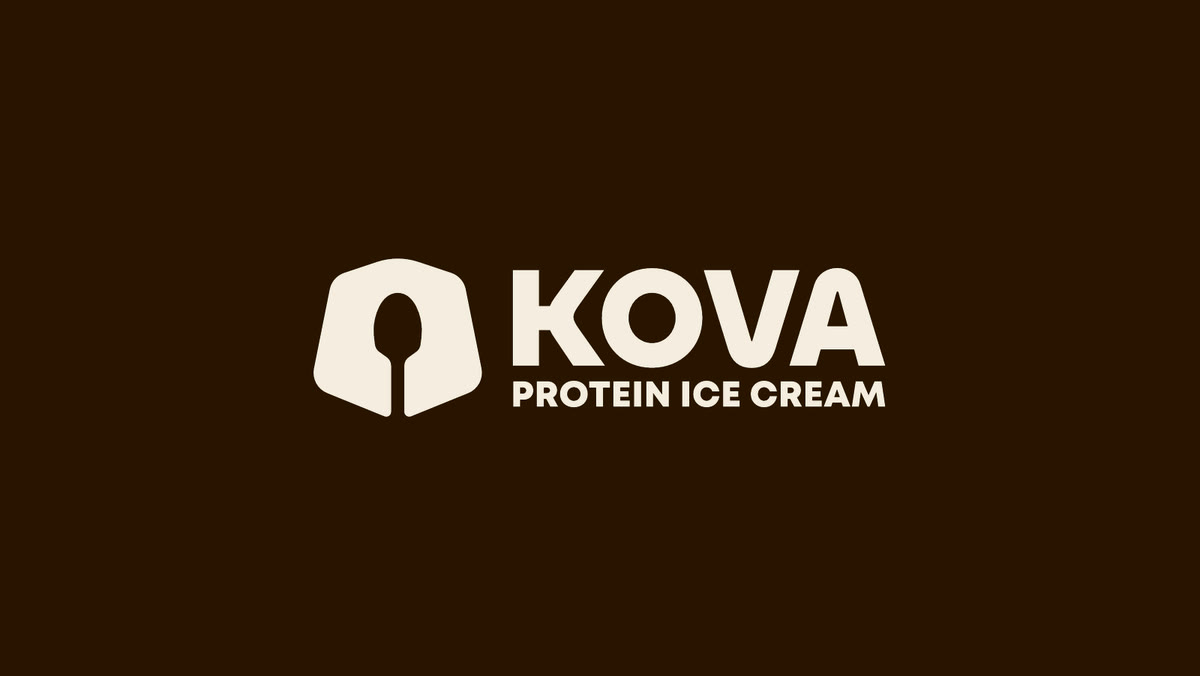 The Kova full lockup — the snout icon, the KOVA wordmark and the Protein Ice Cream subhead — in cream on Fudge Brown.