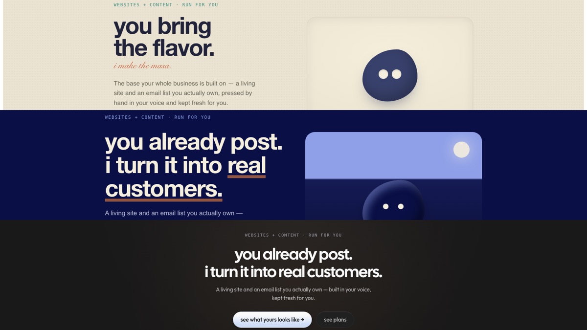 Three bands stacked: the same site hero in a cream palette, a navy one, and a near-black one.