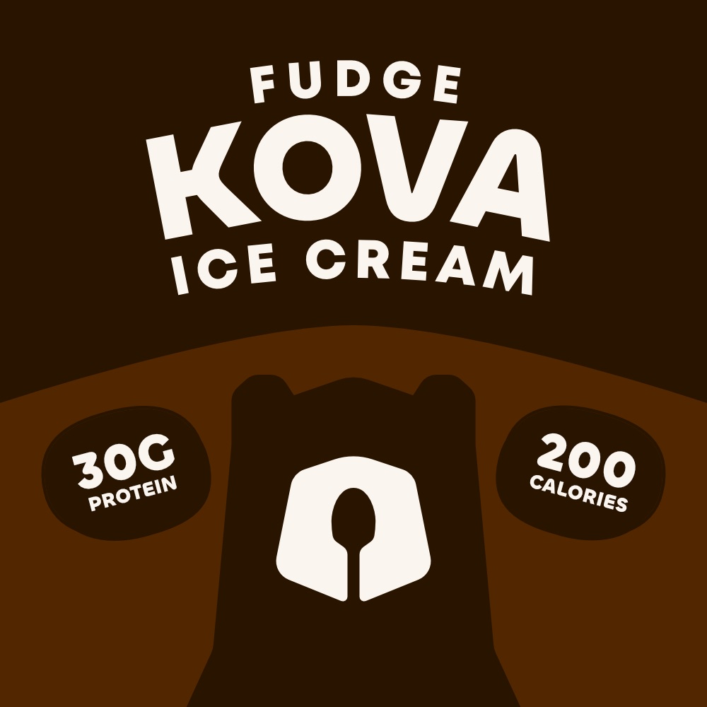 Kova fudge lid artwork in brown, with the same wordmark, bear and two badges.