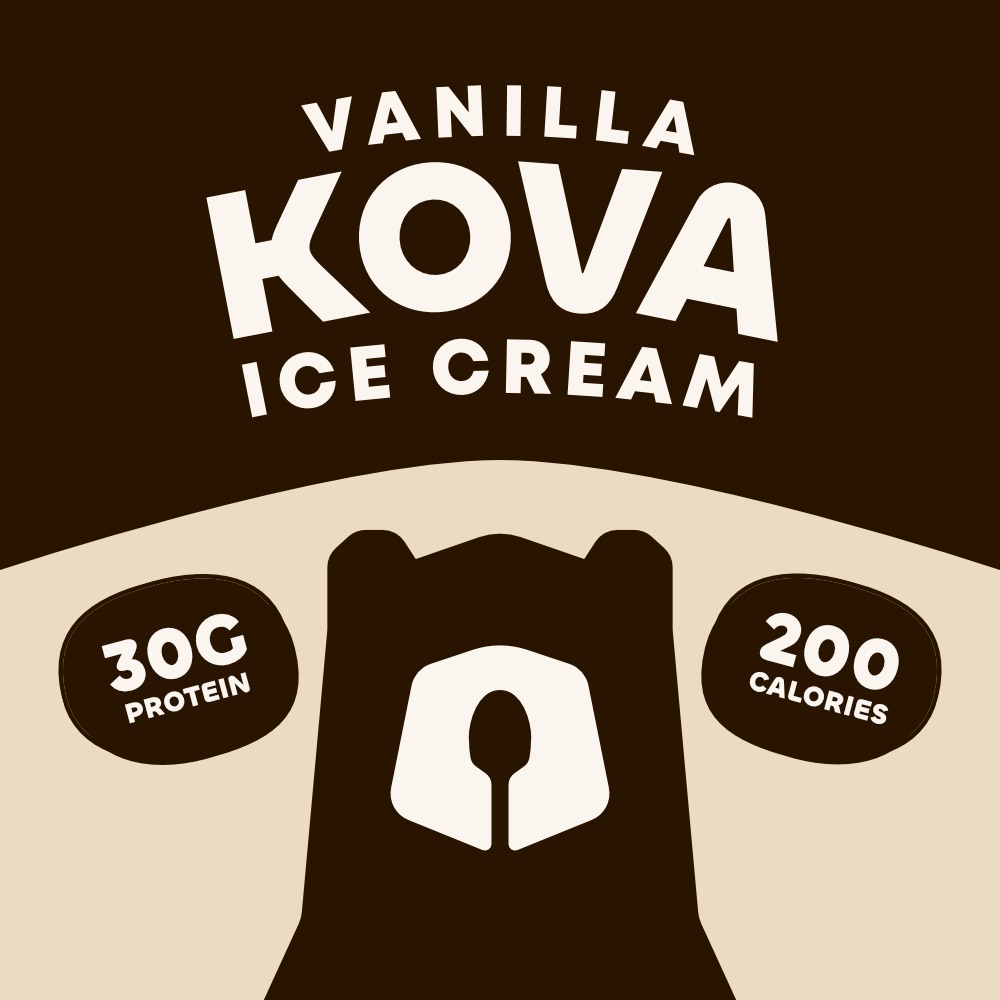 Kova vanilla lid artwork: the KOVA wordmark over a bear's head in an arch, with 30G PROTEIN and 200 CALORIES in two badges.