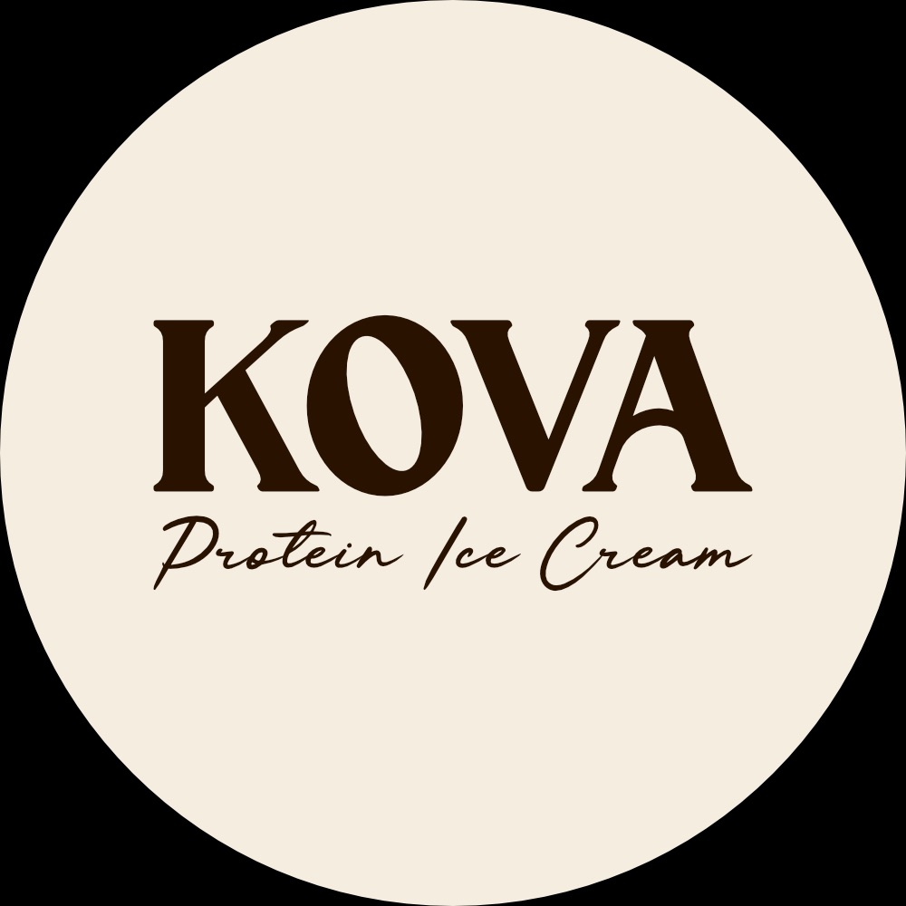 Lid variant: the KOVA wordmark and the words Protein Ice Cream on a cream circle, with no bear.