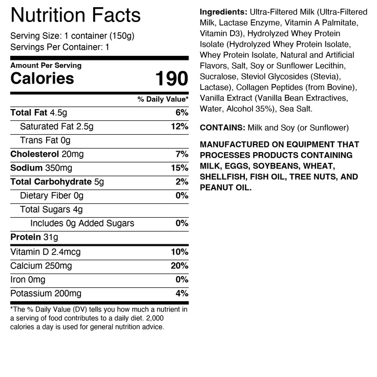 Vanilla Nutrition Facts panel: 190 calories, 31g protein, 0g added sugars, with the full ingredient list and a Contains: Milk and Soy statement.