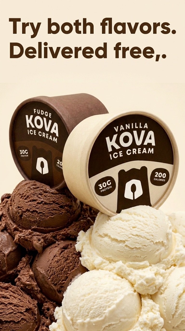 Rejected generated frame 201: two Kova cups on scoops under the headline Try both flavors. Delivered free, with a stray comma before the full stop.