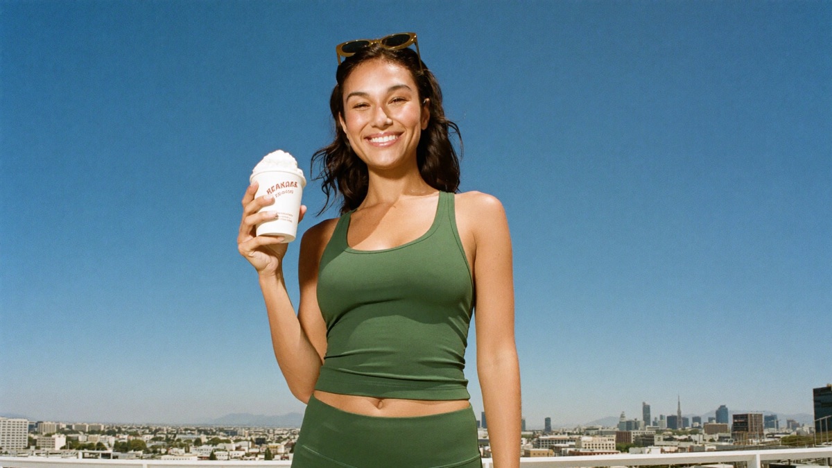 Rejected generated frame 292: the model holding a cup whose printed brand name renders as nonsense letters.