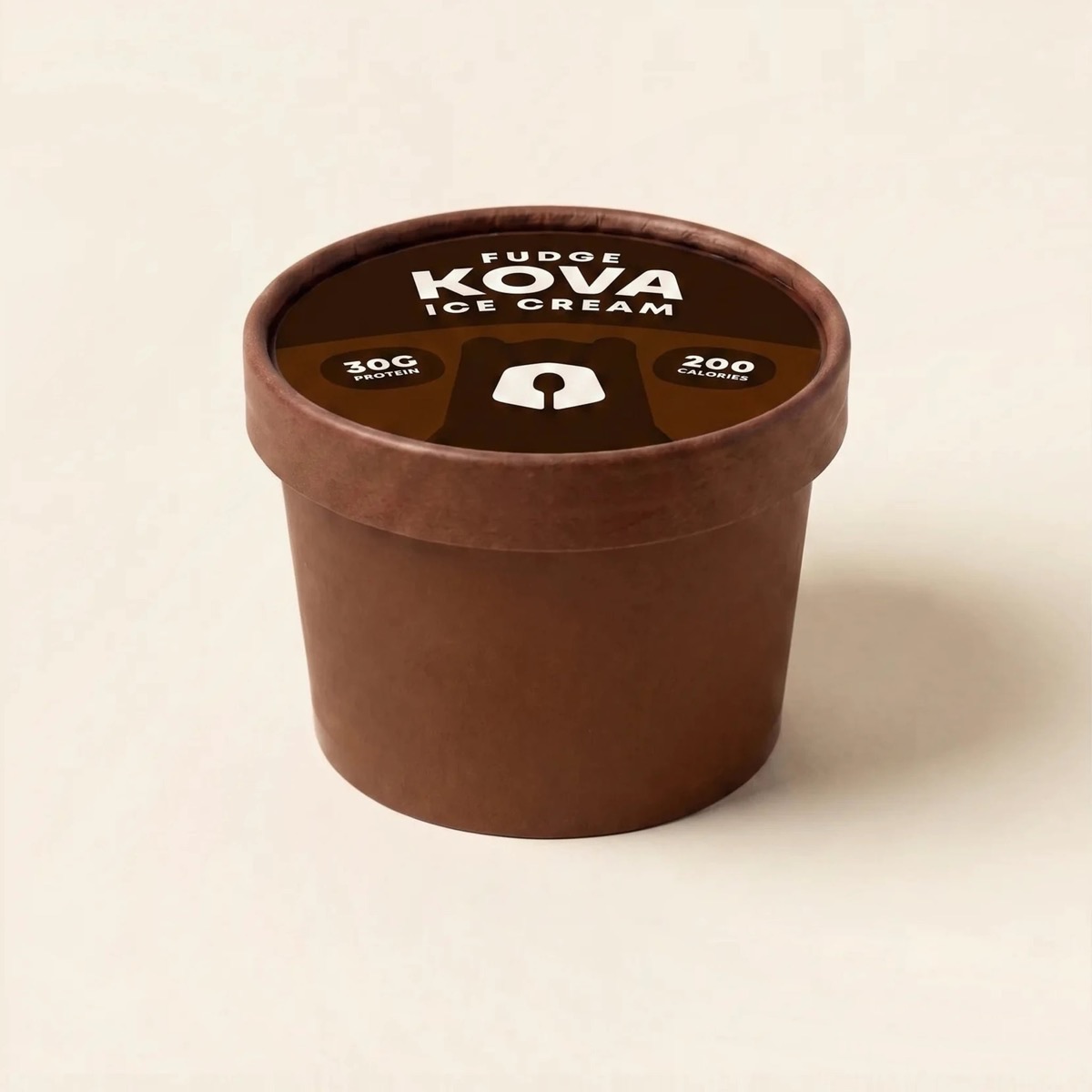 The fudge cup rendered on a cream ground, lid facing forward, as it appears on the Kova store.