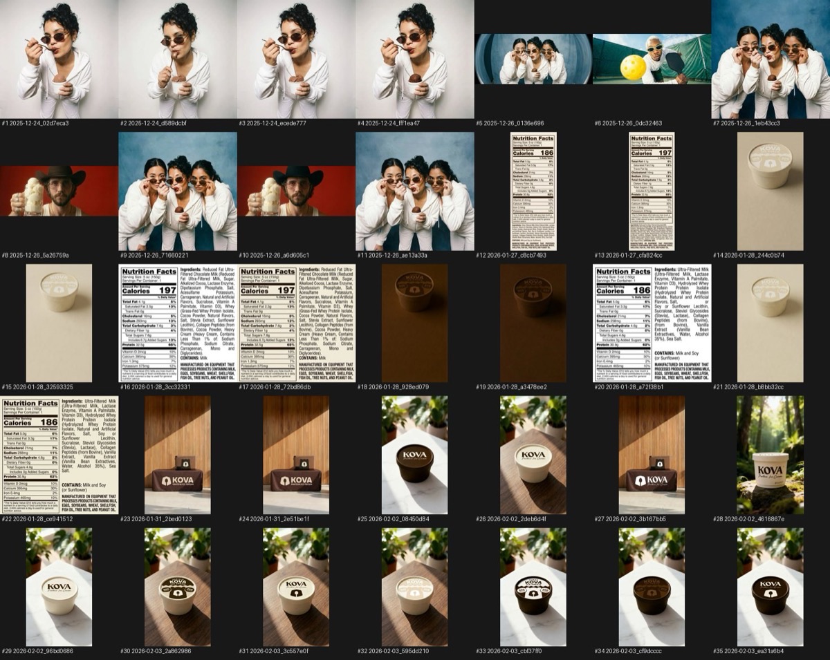 Contact sheet of 35 generated frames: models with cups, Nutrition Facts panel attempts, and cup renders on tables and rooftops.