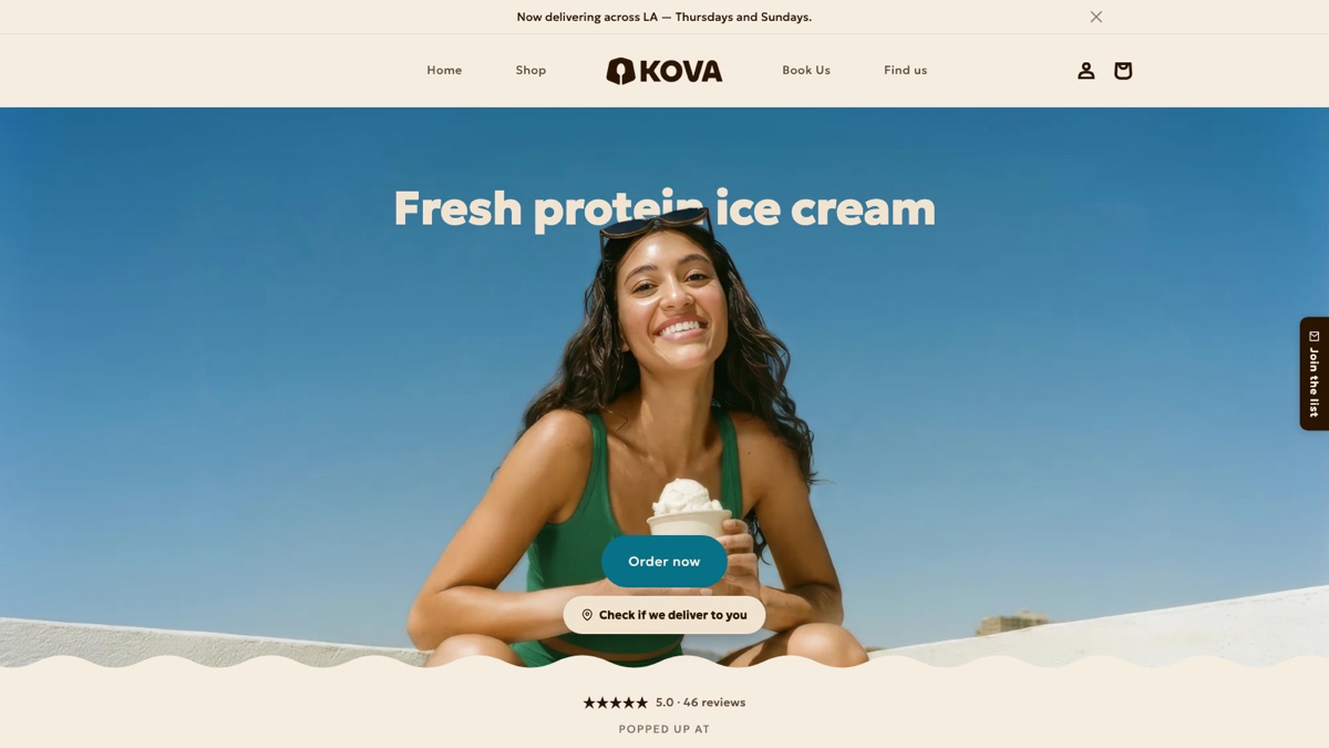 kovakream.com: a cream navigation bar with the Kova lockup, a full-bleed photograph behind the headline Fresh protein ice cream, and two buttons over a scalloped cream edge.