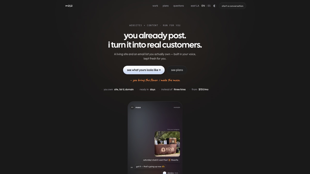 The same hero in the Flask palette: near-black ground, white centred headline, a pale gradient button, and a phone showing a chat.