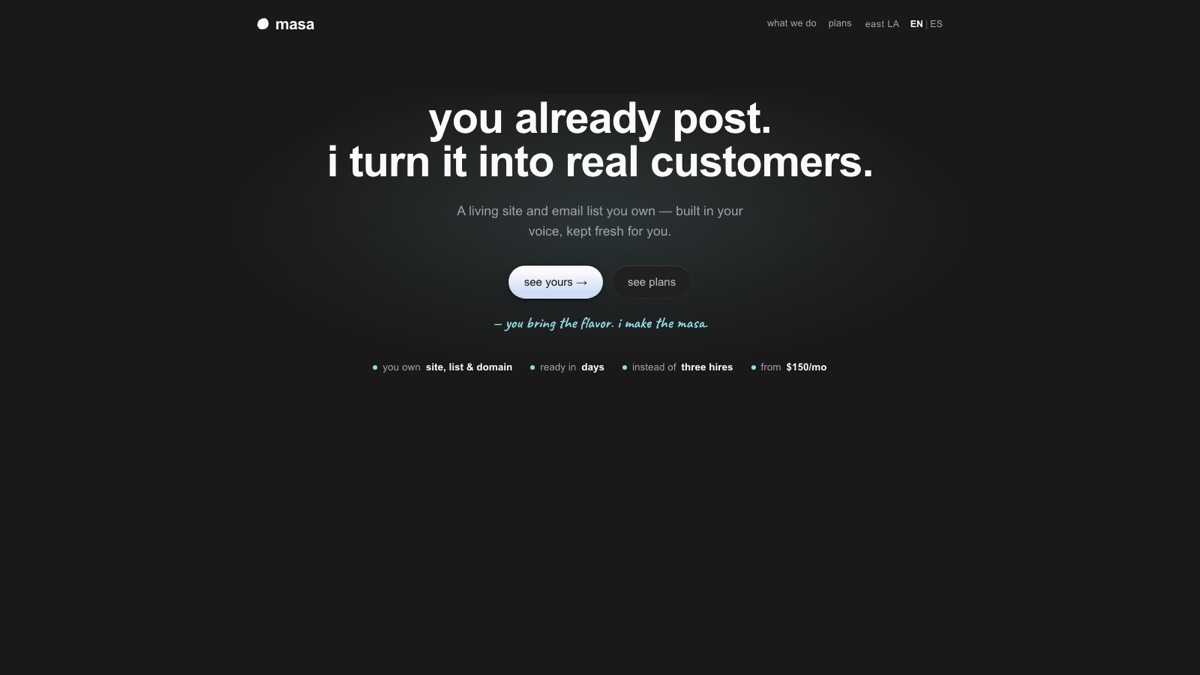 madebymasa.com as it runs: near-black ground, a two-line headline, a pale gradient button and a cyan hand-script line.