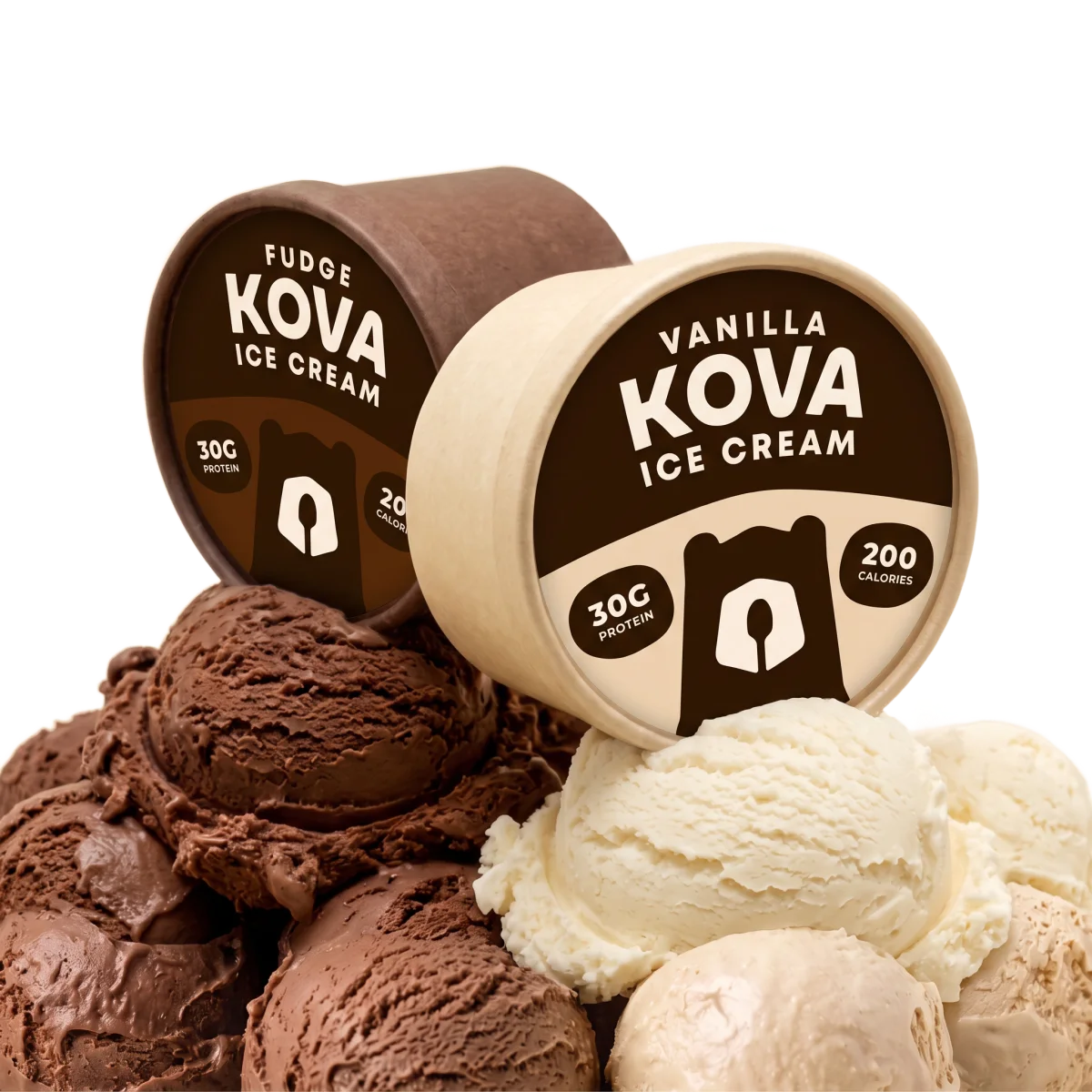 Two Kova cups, vanilla and chocolate, leaning together on a single mound of ice cream.